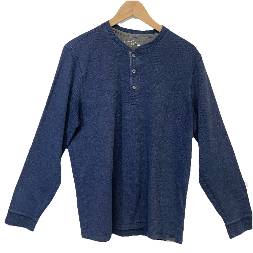 Eddie Bauer Rib Henley Men Large‎ Blue Long Sleeve Casual Work Cotton Blend Work